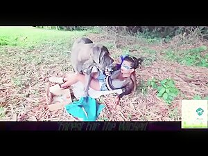 Woman in the garden, surprised by her dog